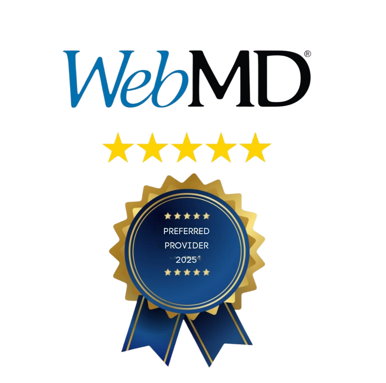 WebMD logo with five gold stars and a gold badge stating "Preferred Provider 2025," symbolizing Dr. Goel's recognition in healthcare excellence.