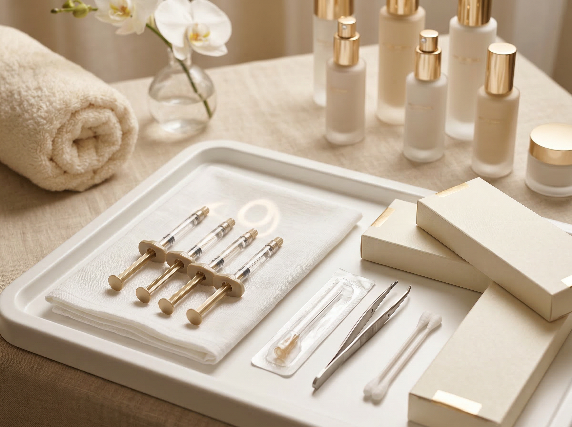 Aesthetic medicine tools including syringes, skincare products, and a rolled towel, arranged on a treatment tray, emphasizing advanced cosmetic treatments at Prime Vitality.