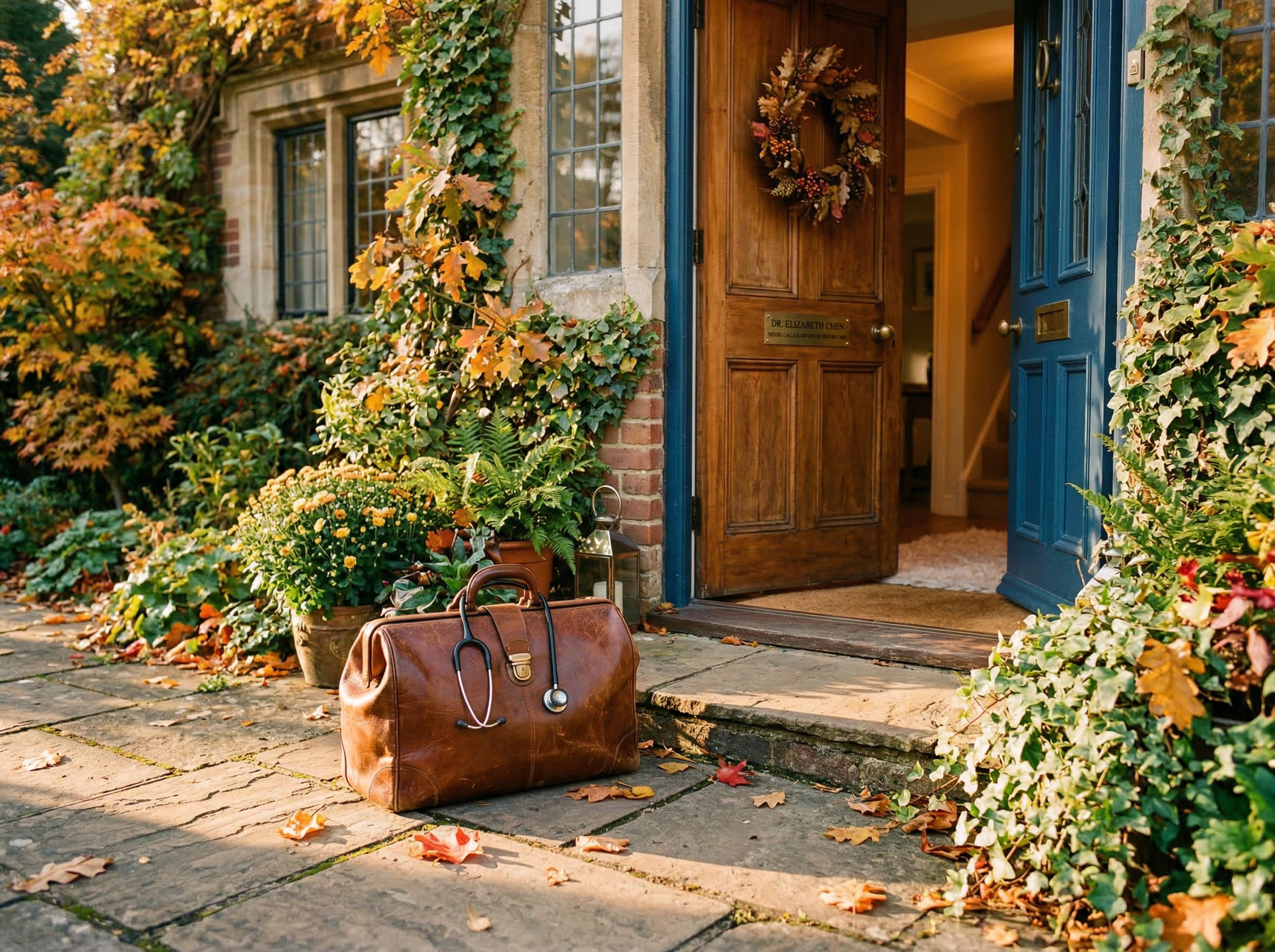 Brown medical bag with stethoscope outside a welcoming home entrance adorned with autumn foliage, reflecting concierge medical services.
