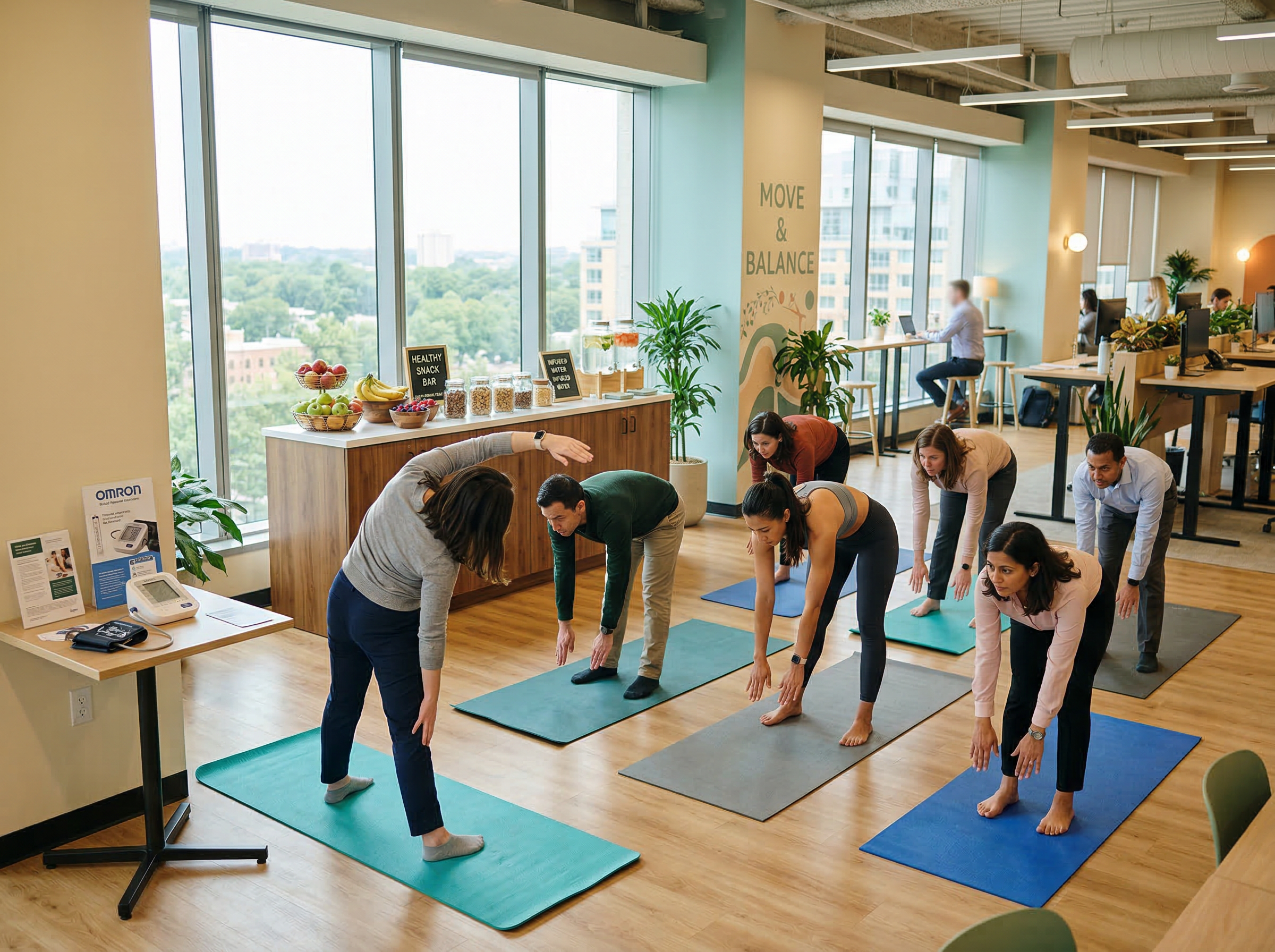 Group yoga session in a corporate wellness program, featuring participants stretching on mats in a bright, modern office space with a healthy snack bar in the background.