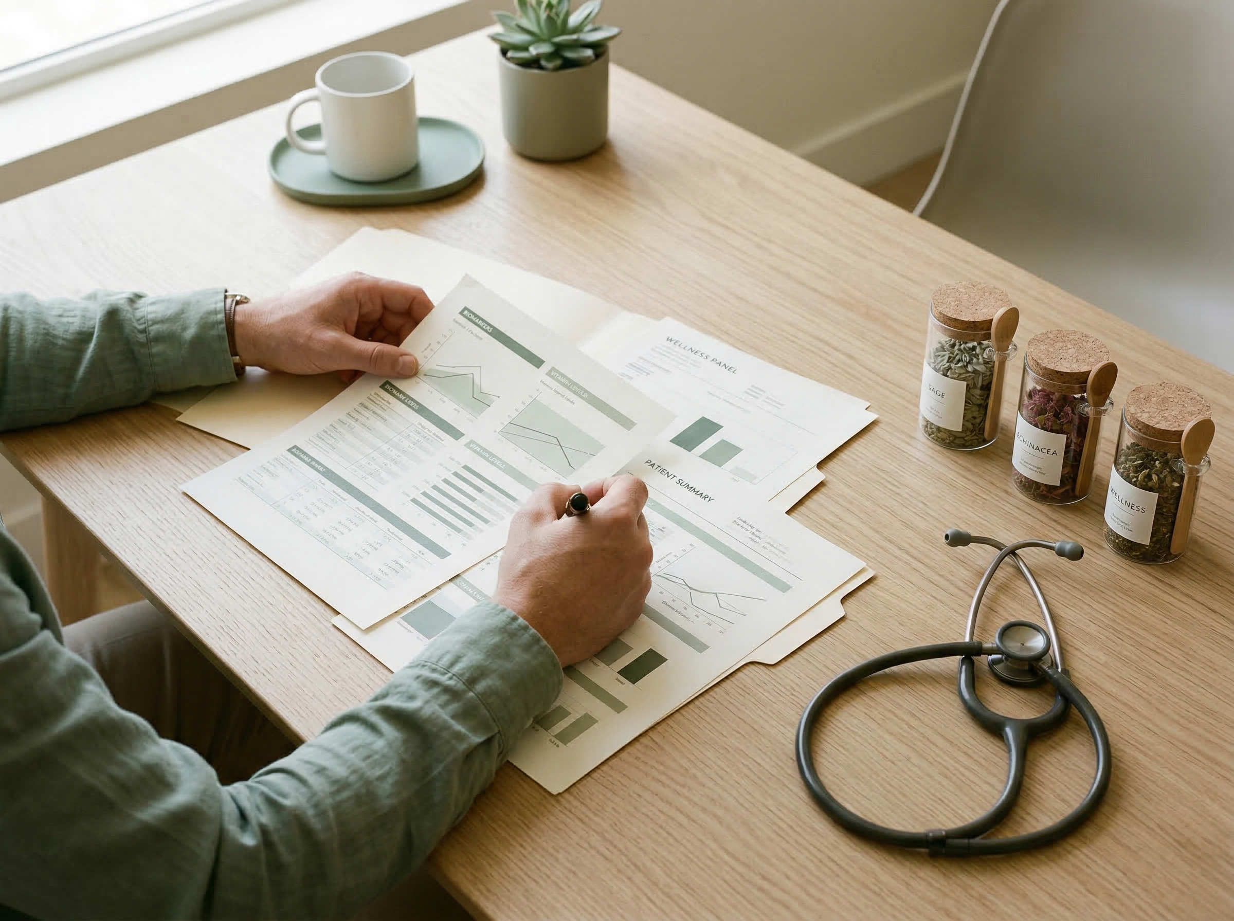 Person reviewing health data and wellness panel reports on a wooden desk, with a stethoscope and herbal remedy jars, emphasizing functional medicine and personalized patient care.