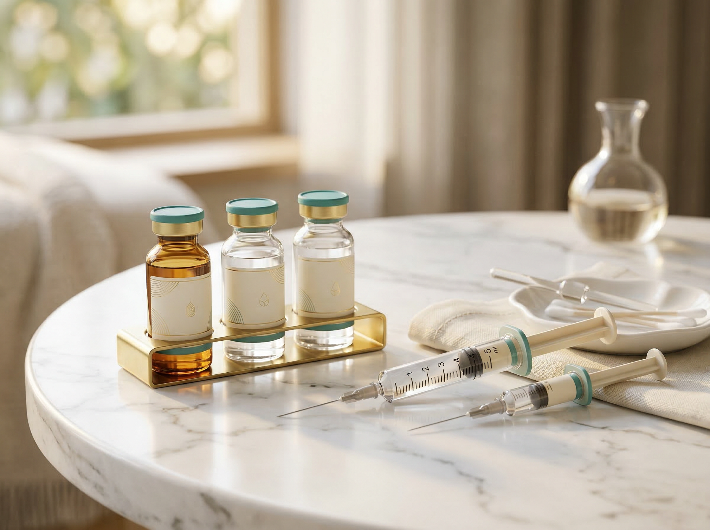 Vials of bio-identical hormones for hormone optimization therapy on a marble table, accompanied by syringes and a glass container, reflecting Dr. Goel's focus on personalized wellness and precision medicine.