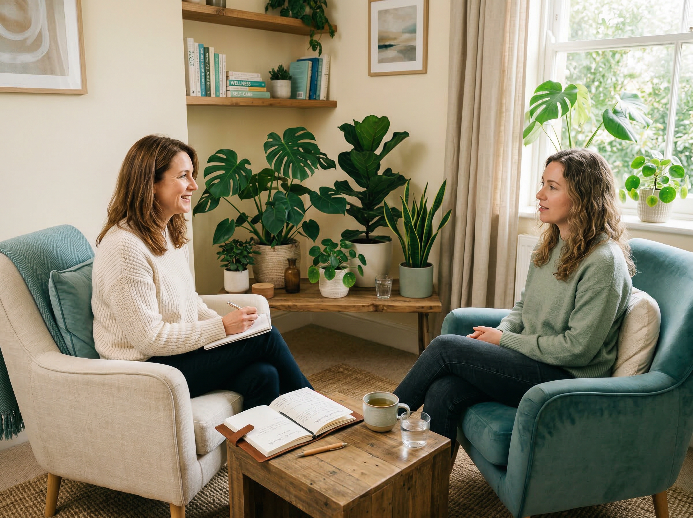 Woman in cozy setting engaging in life coaching session, surrounded by plants and a wooden table with notebooks and tea.