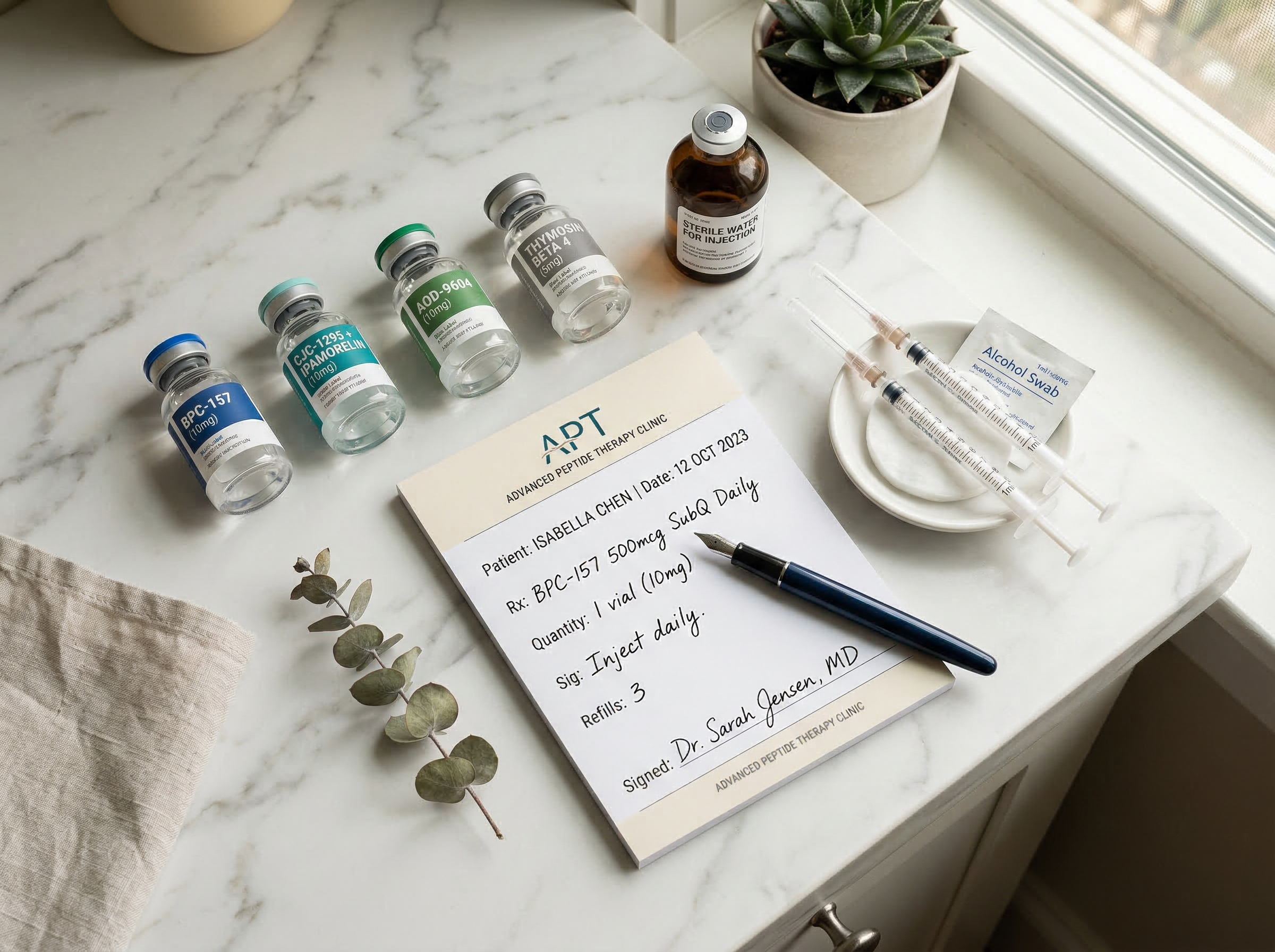 Vials of peptide therapy medications, prescription details for BPC-157, and syringes on a marble surface, highlighting advanced peptide protocols for recovery and wellness.