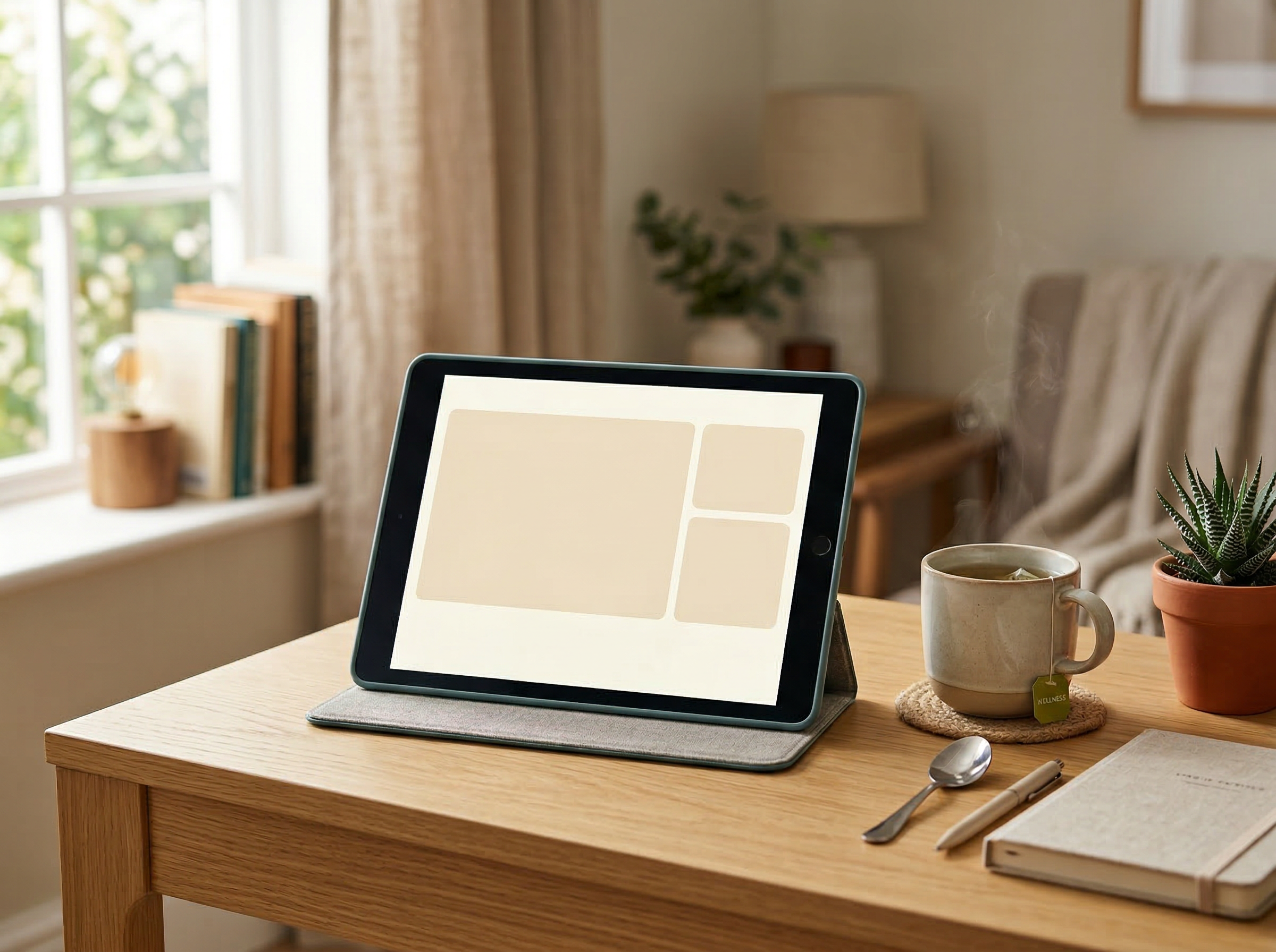 Tablet on wooden table with steaming cup of tea, notebook, and plant, representing telehealth consultations for convenient medical care.