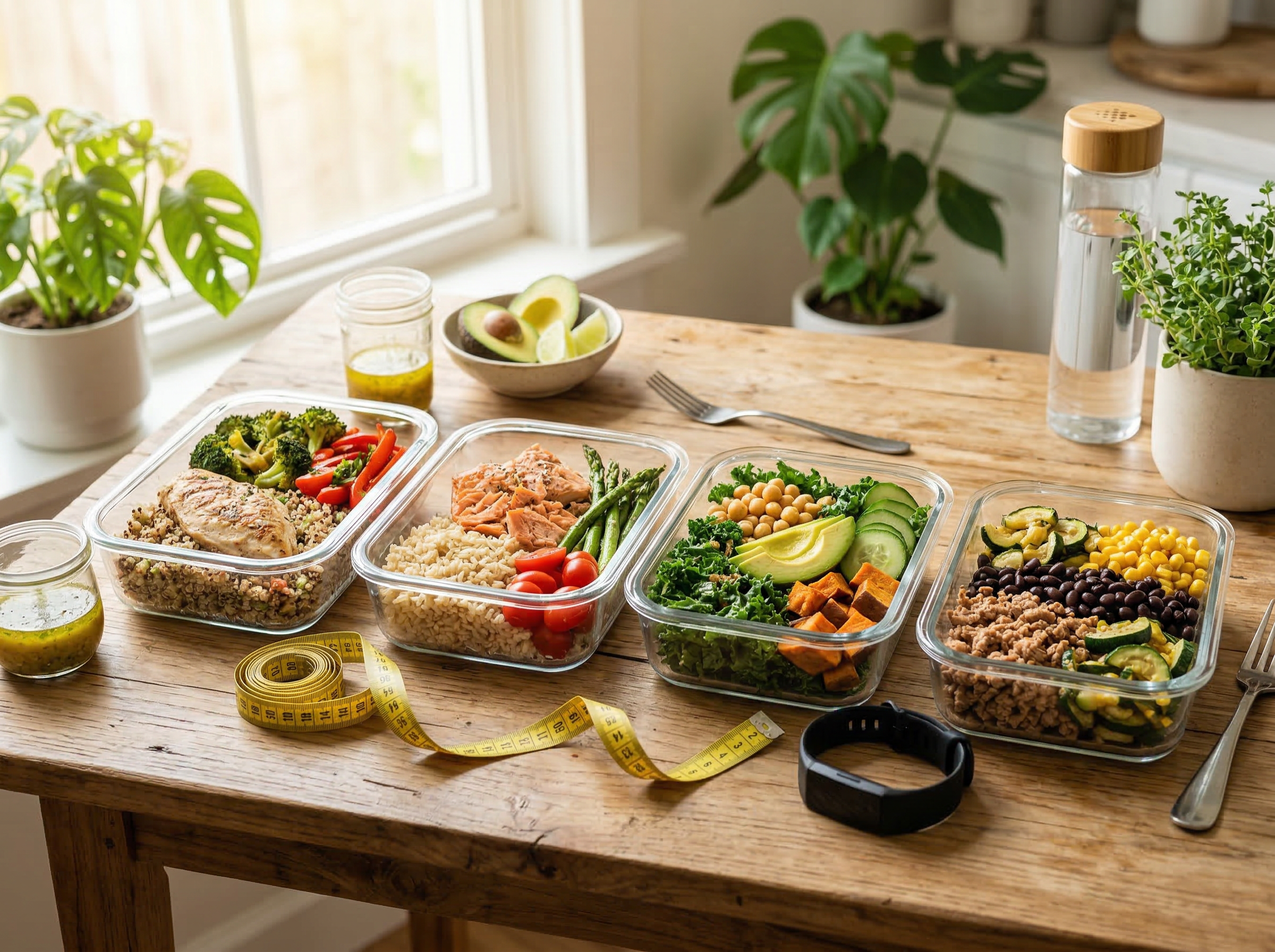 Healthy meal prep with colorful balanced dishes in glass containers, featuring grilled chicken, salmon, vegetables, grains, and legumes, alongside a measuring tape and fitness tracker, emphasizing weight management and sustainable lifestyle choices.