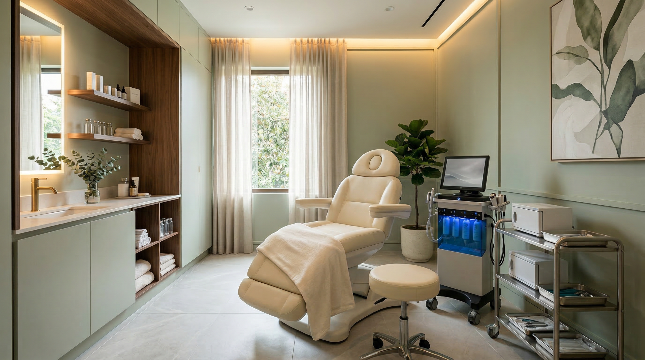 Modern treatment room with a comfortable examination chair, advanced medical equipment, and natural light, reflecting Prime Vitality's holistic approach to health and wellness.
