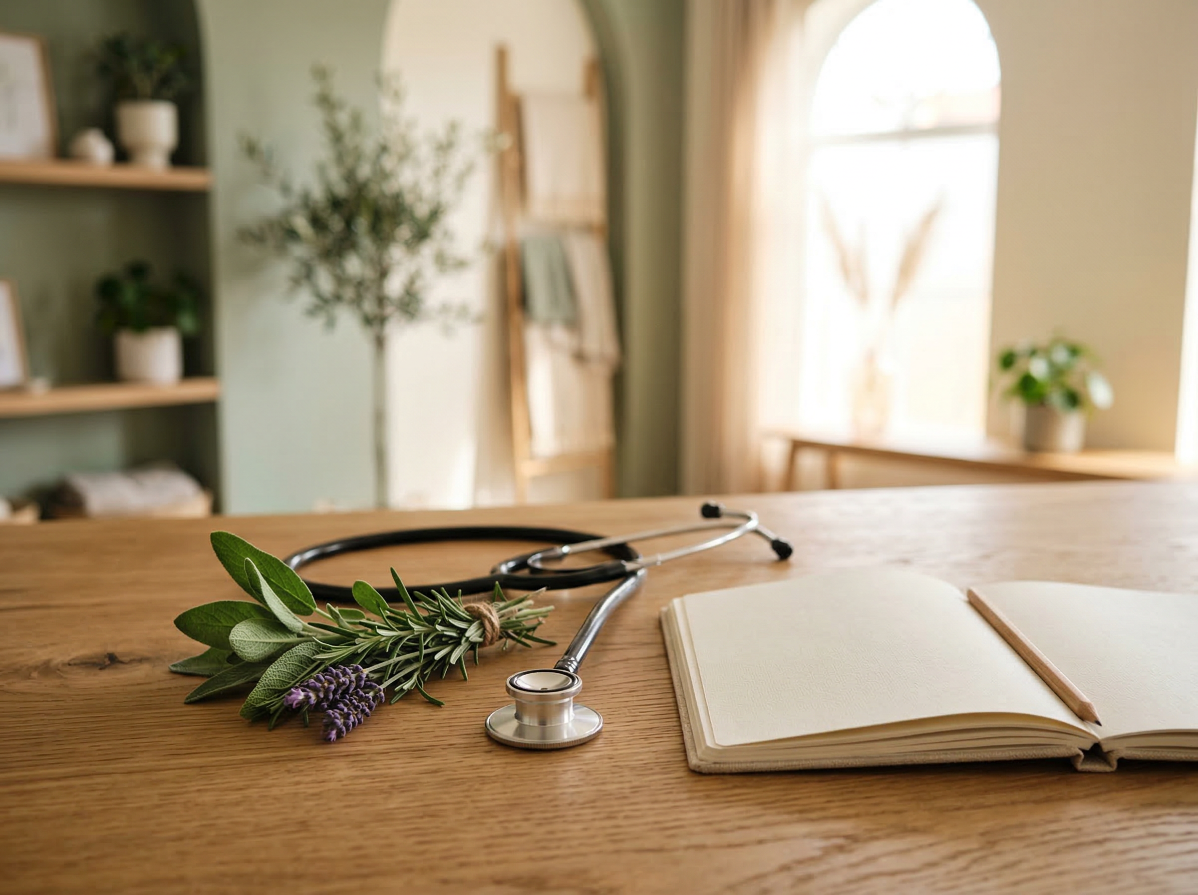 Stethoscope and fresh herbs on wooden table with open notebook, symbolizing holistic health and wellness at Prime Vitality clinic.