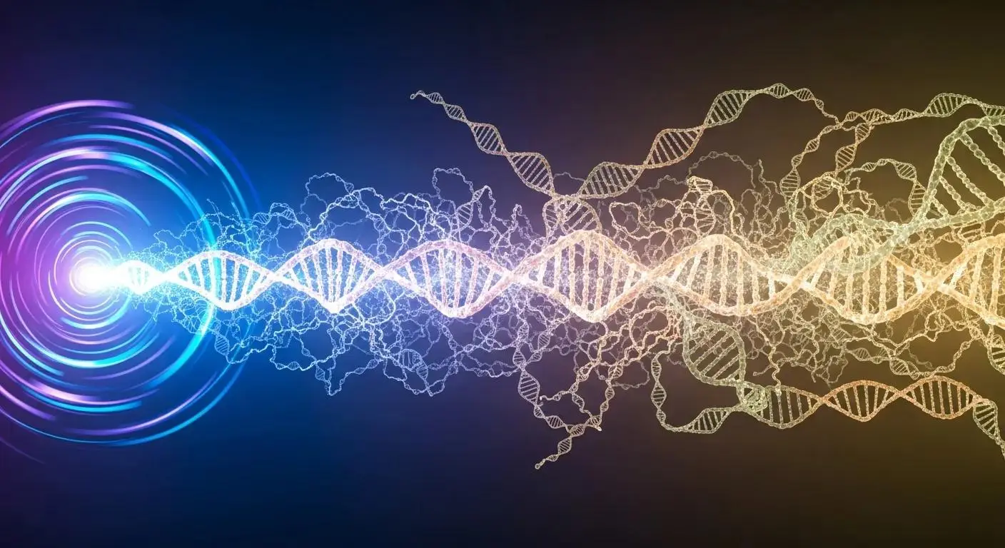 DNA strand and energy wave illustrating male enhancement therapy and hormone optimization.