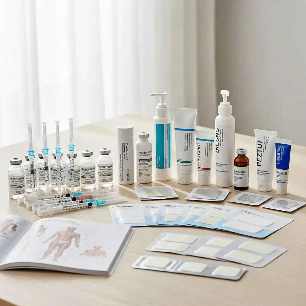 Testosterone therapy options: injectable vials, topical gels, and transdermal patches for low T treatment.