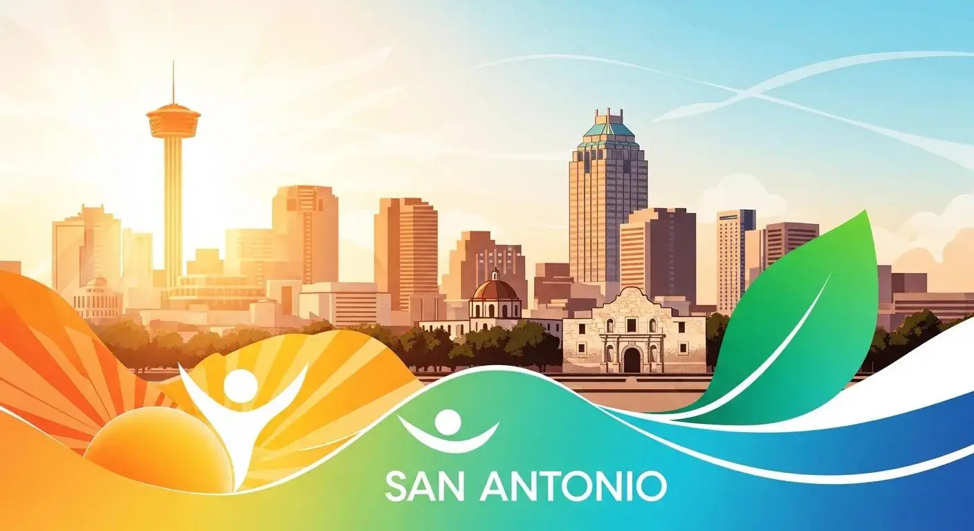 San Antonio skyline and cityscape with Prime Vitality Care logo and leaf elements.
