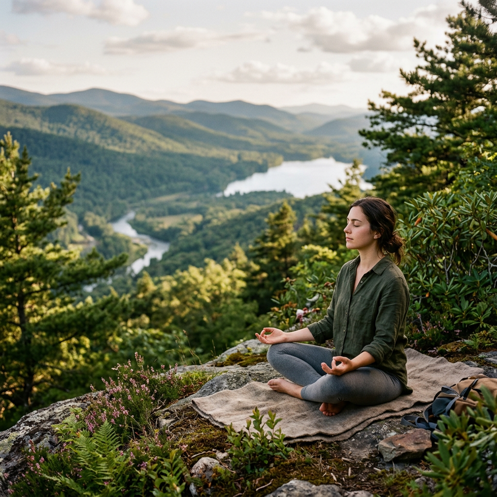 Woman sitting cross-legged meditating on a blanket on a rocky mountain with a river and forested hills behind her