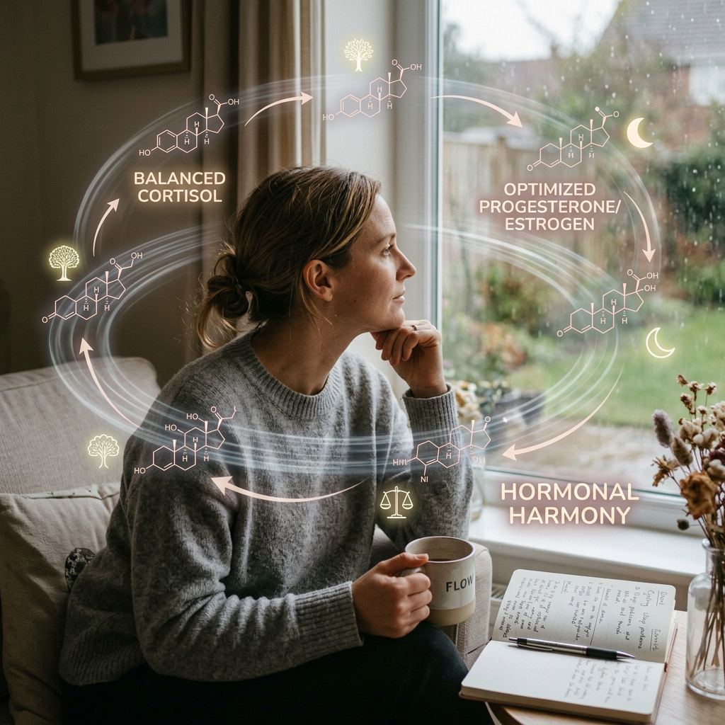 Woman holding a mug looking out window with graphic of hormone cycle showing balanced cortisol and optimized progesterone/estrogen