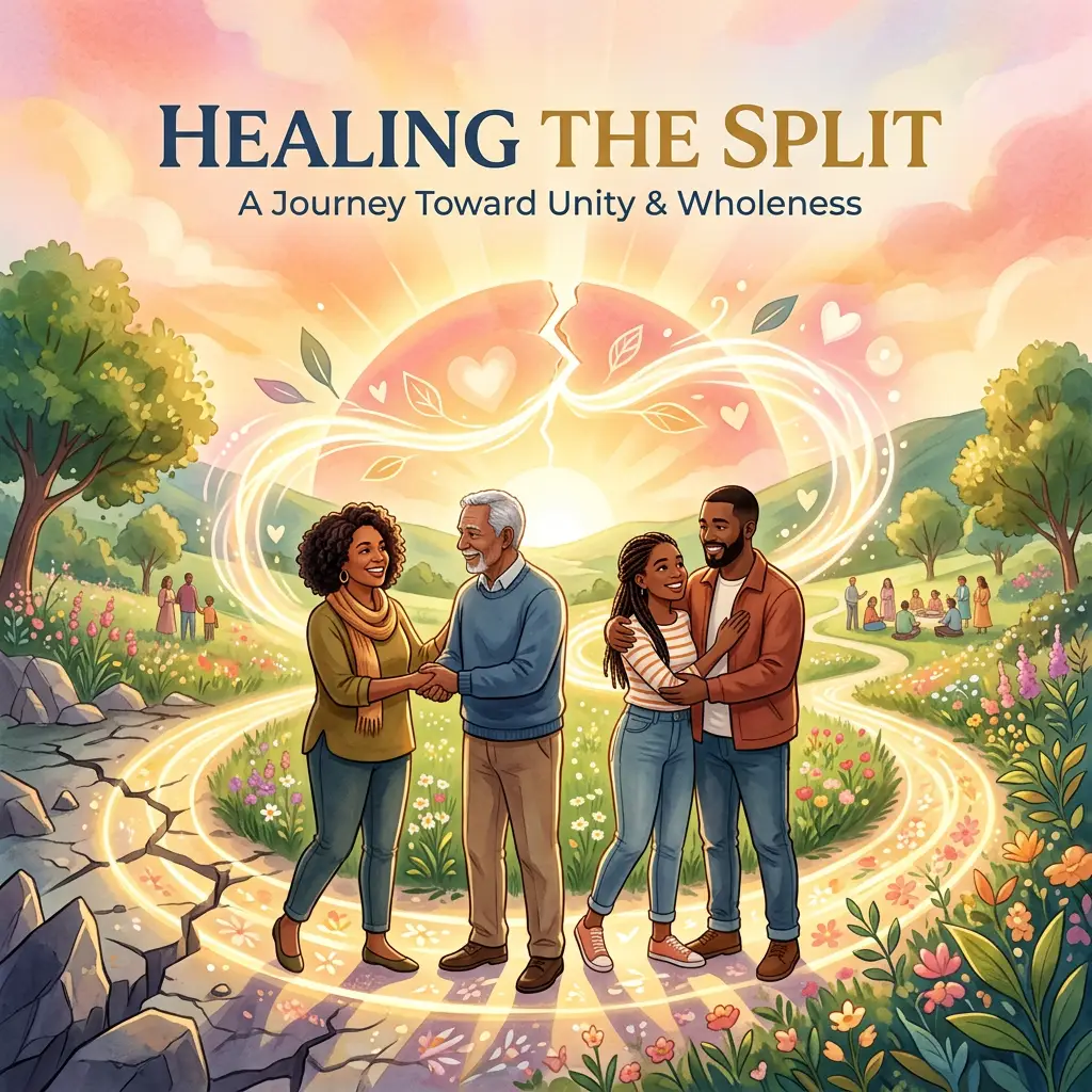 Two couples embracing and shaking hands in a bright garden path with a glowing heart shape in the background
